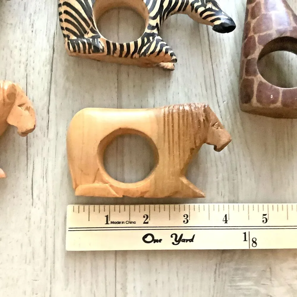 Vintage Napkin Rings Wood Hand Carved African Safari Animals Boho Decor Set of 8